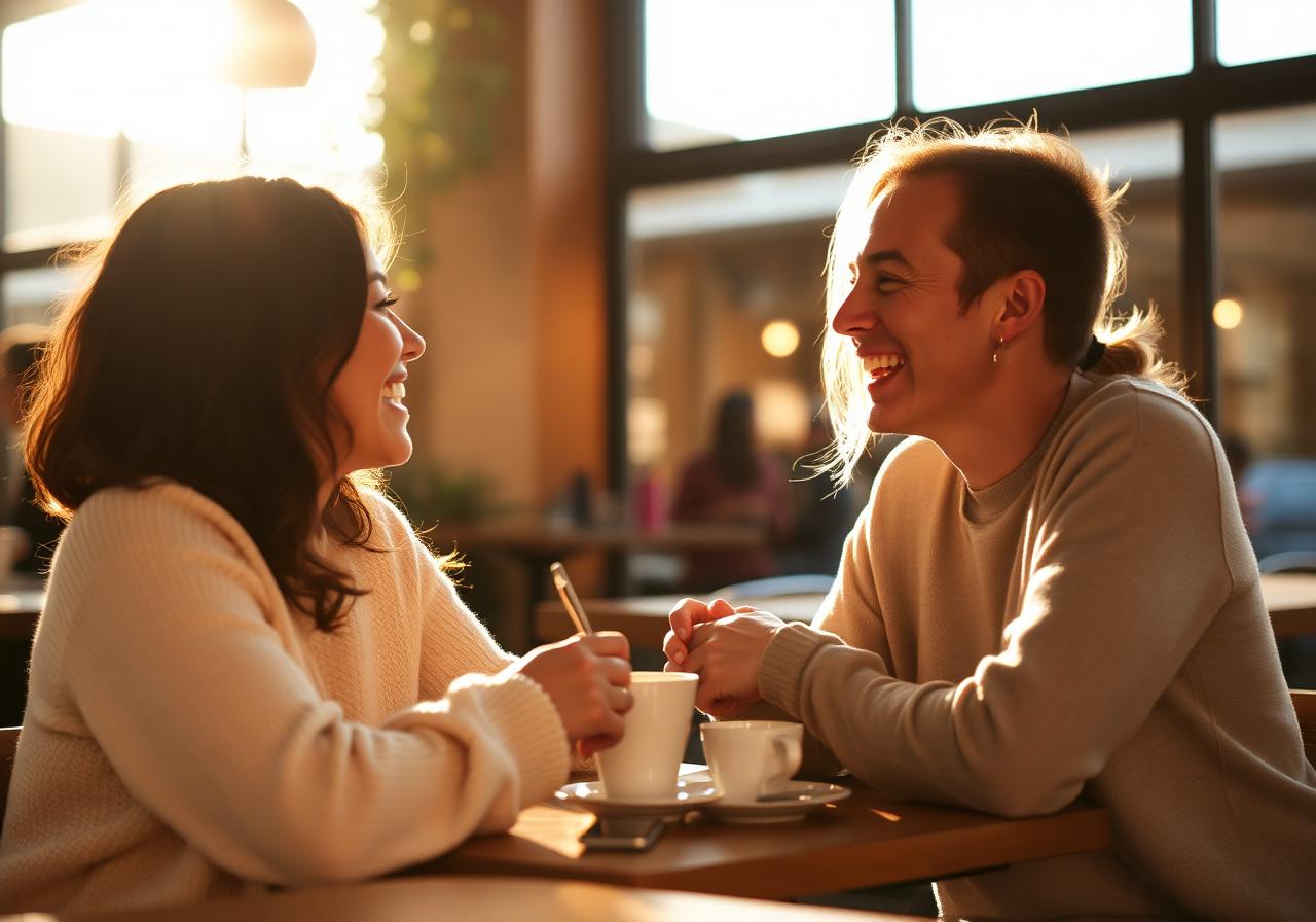 Two friends laughing over coffee in warm sunlight