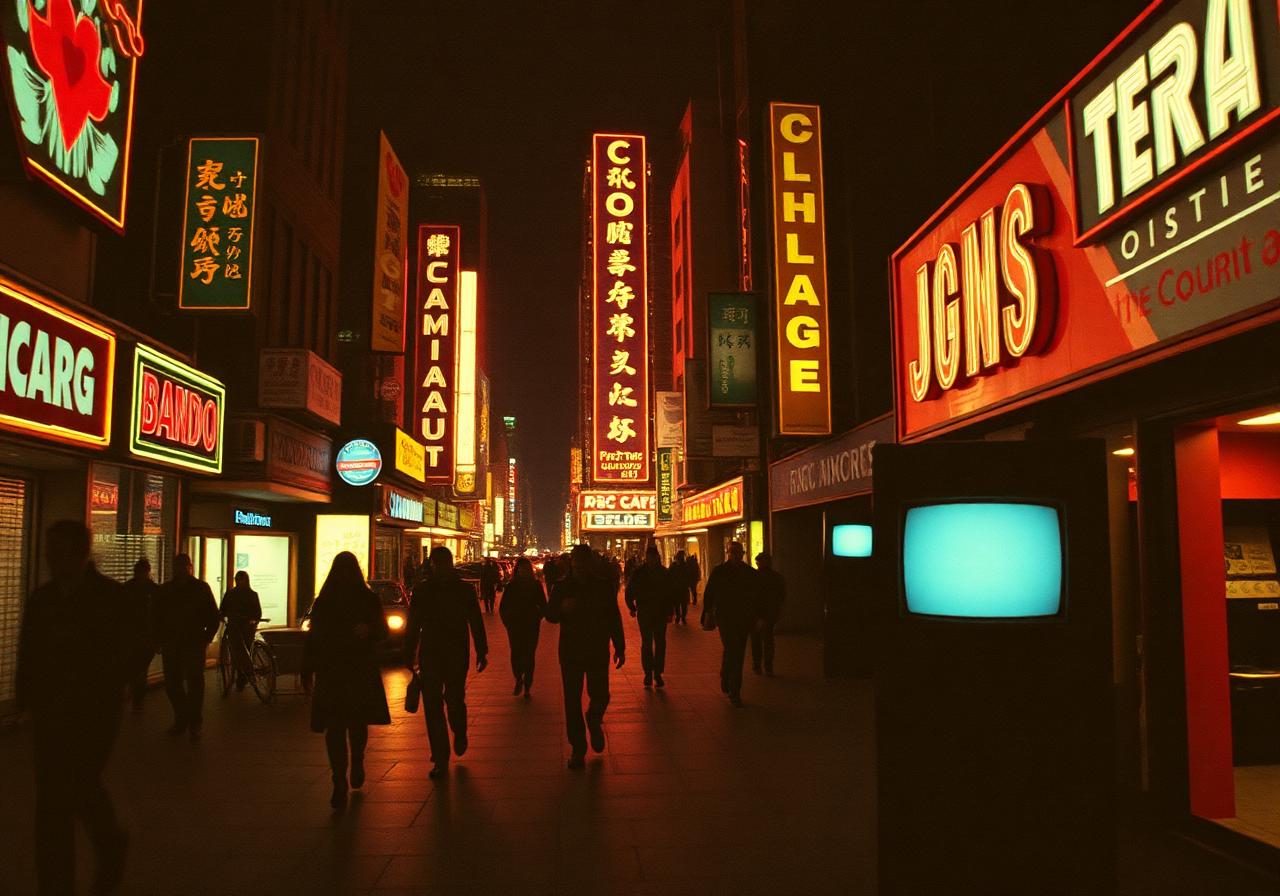 Cinematic montage of late 20th century urban life