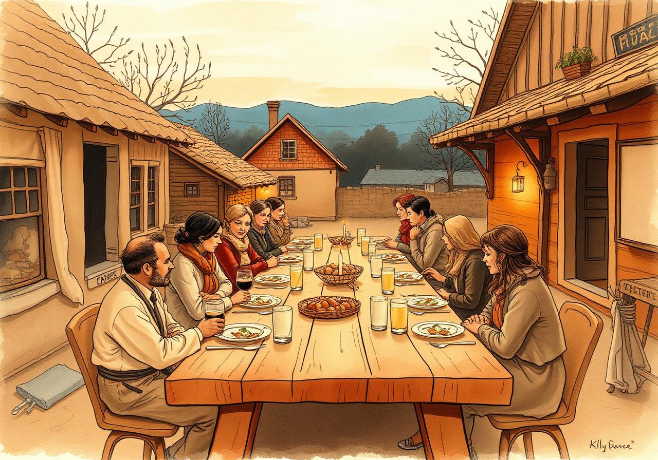 Warm illustration of a village dinner gathering