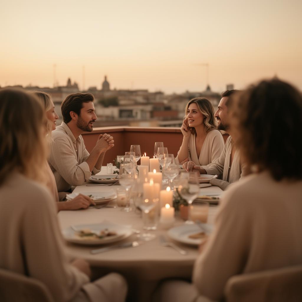Warm rooftop dinner gathering at golden hour
