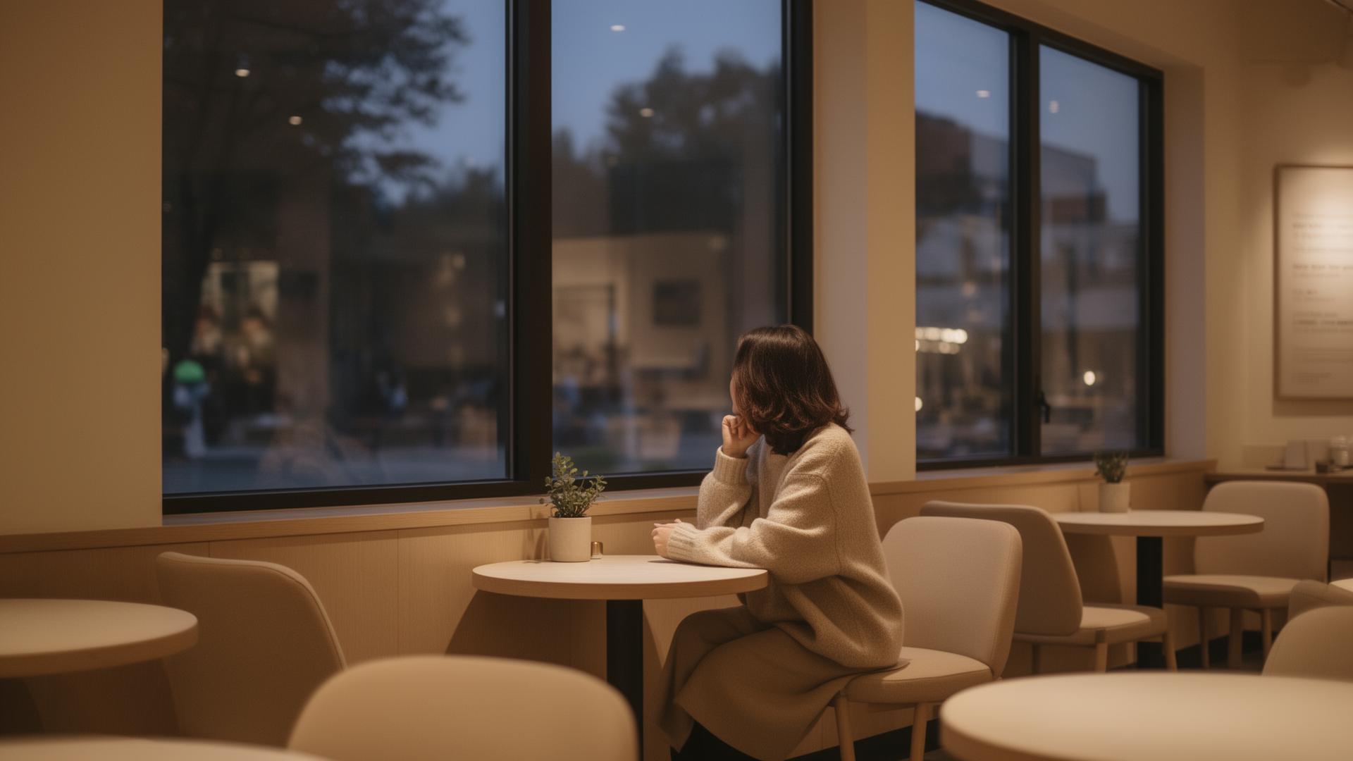 A person alone in a softly lit coffee shop at dusk